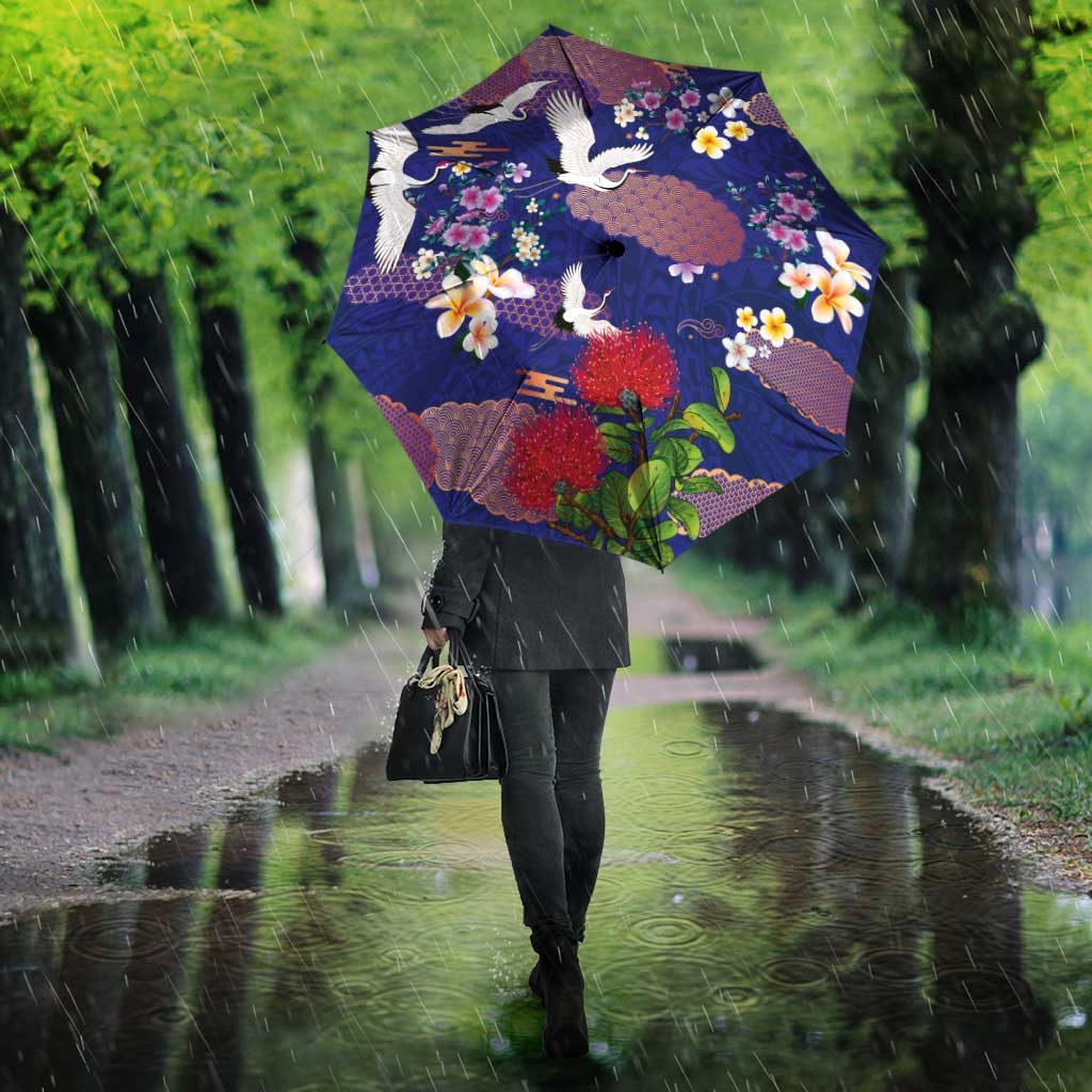 Hawaiian and Japanese Culture Together Umbrella Blue Ohia Lehua Plumeria and Sakura Blooming - Polynesian Pride