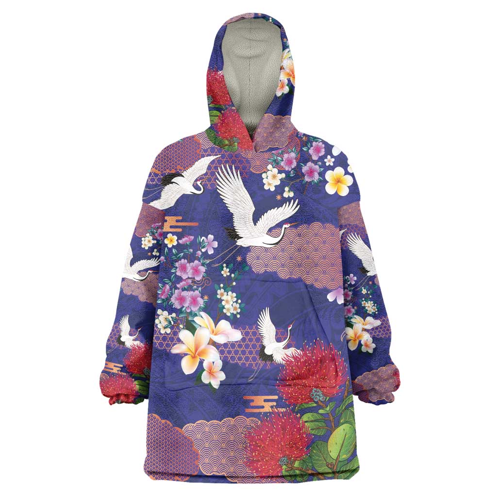 Hawaiian and Japanese Culture Together Wearable Blanket Hoodie Blue Ohia Lehua Plumeria and Sakura Blooming - Polynesian Pride