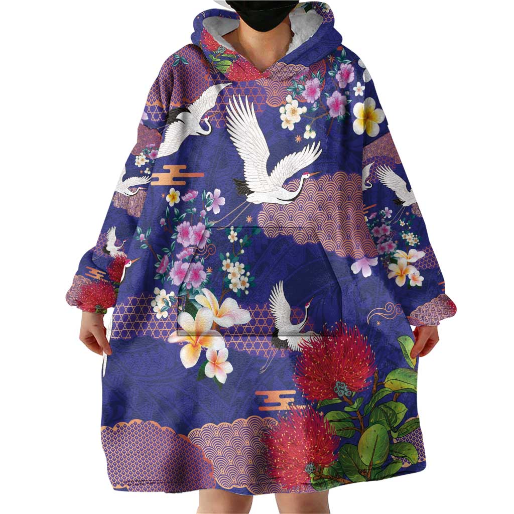 Hawaiian and Japanese Culture Together Wearable Blanket Hoodie Blue Ohia Lehua Plumeria and Sakura Blooming - Polynesian Pride