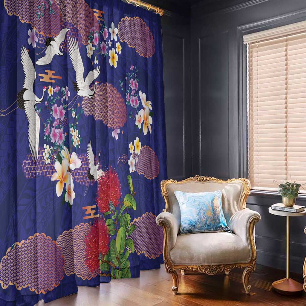 Hawaiian and Japanese Culture Together Window Curtain Blue Ohia Lehua Plumeria and Sakura Blooming - Polynesian Pride