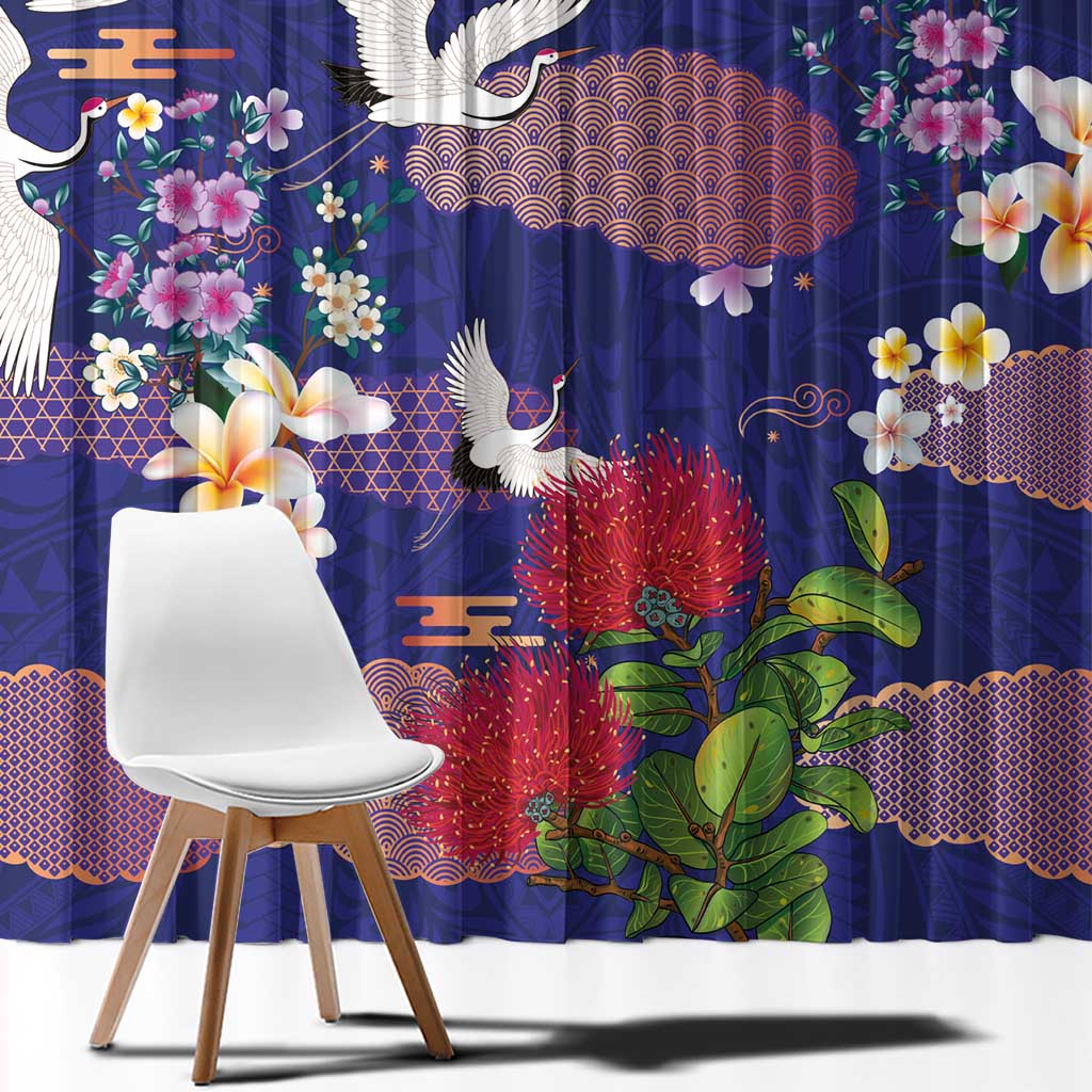 Hawaiian and Japanese Culture Together Window Curtain Blue Ohia Lehua Plumeria and Sakura Blooming - Polynesian Pride