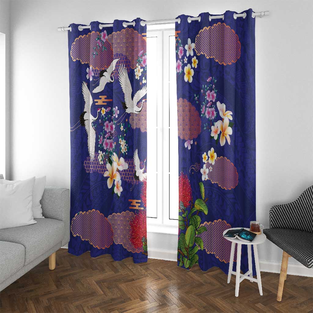 Hawaiian and Japanese Culture Together Window Curtain Blue Ohia Lehua Plumeria and Sakura Blooming - Polynesian Pride