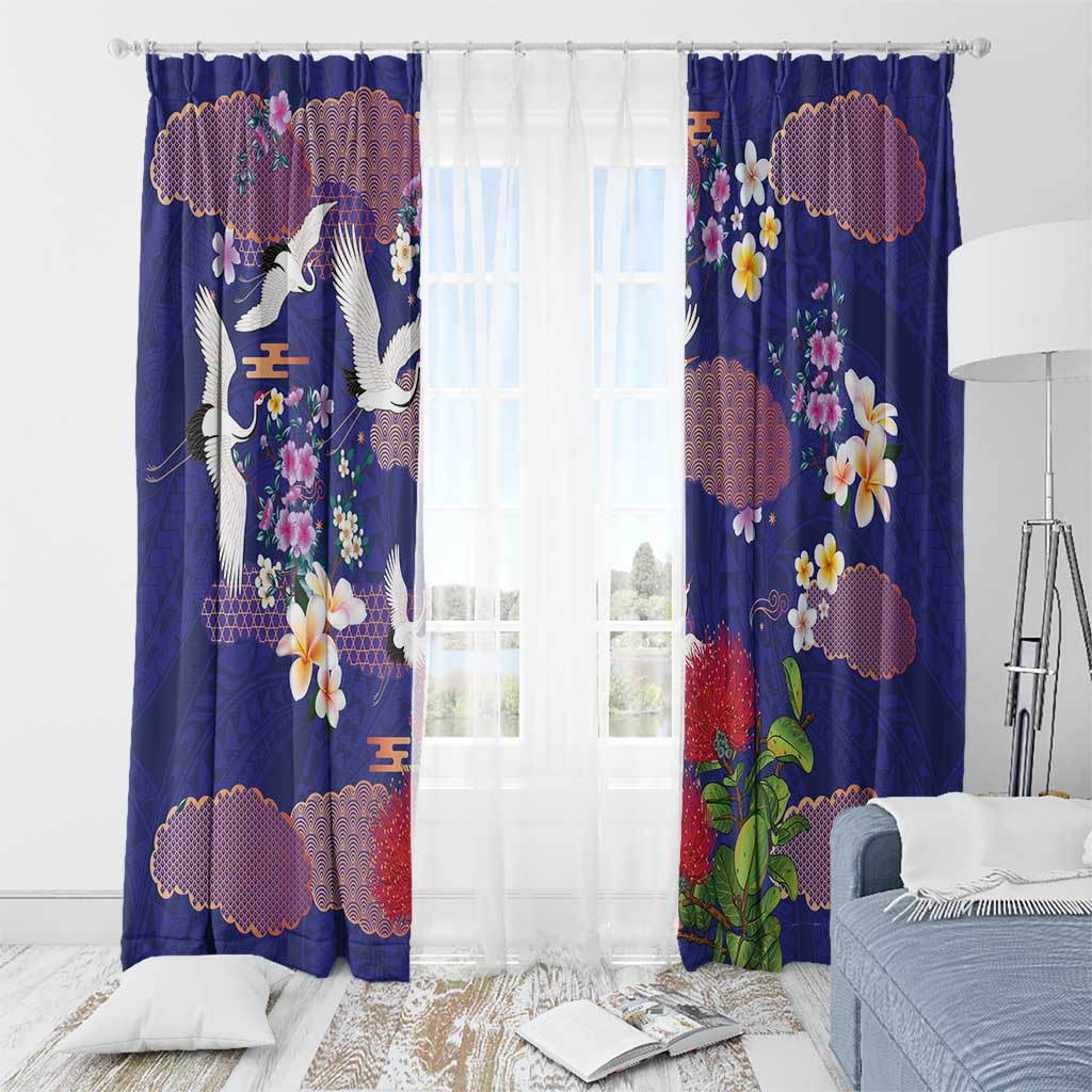 Hawaiian and Japanese Culture Together Window Curtain Blue Ohia Lehua Plumeria and Sakura Blooming - Polynesian Pride