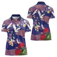 Hawaiian and Japanese Culture Together Women Polo Shirt Blue Ohia Lehua Plumeria and Sakura Blooming - Polynesian Pride
