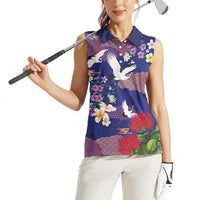 Hawaiian and Japanese Culture Together Women Sleeveless Polo Shirt Blue Ohia Lehua Plumeria and Sakura Blooming - Polynesian Pride