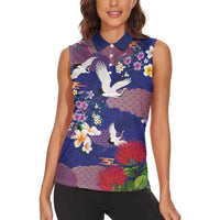 Hawaiian and Japanese Culture Together Women Sleeveless Polo Shirt Blue Ohia Lehua Plumeria and Sakura Blooming - Polynesian Pride