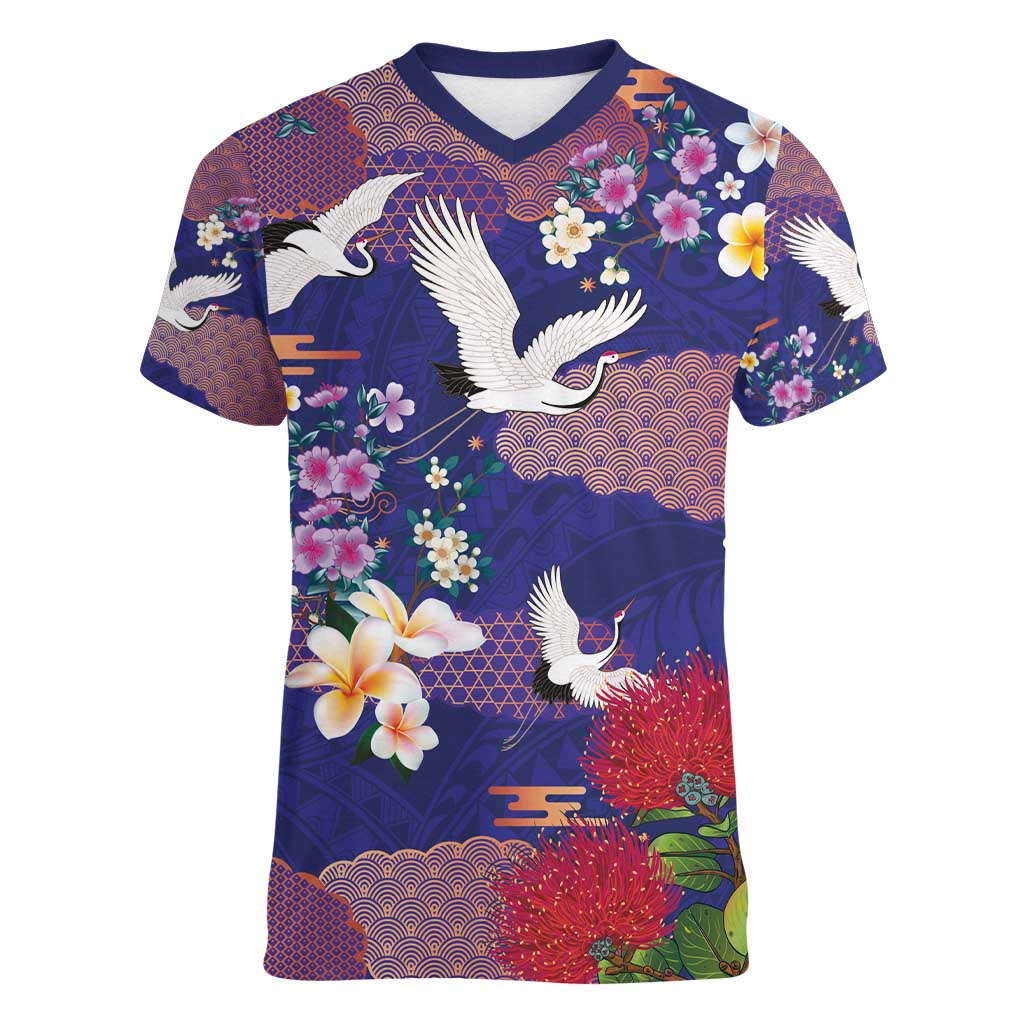 Hawaiian and Japanese Culture Together Women V-Neck T-Shirt Blue Ohia Lehua Plumeria and Sakura Blooming - Polynesian Pride