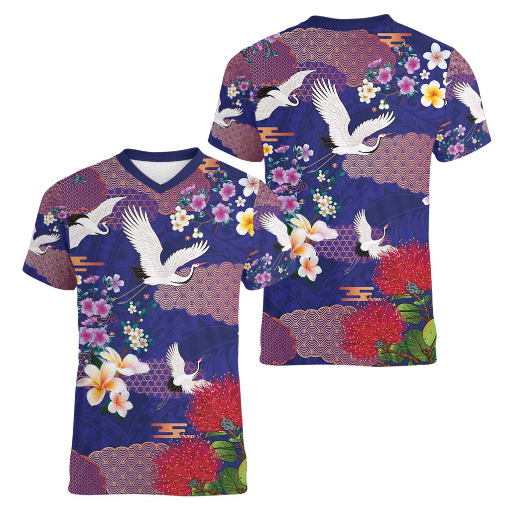 Hawaiian and Japanese Culture Together Women V-Neck T-Shirt Blue Ohia Lehua Plumeria and Sakura Blooming - Polynesian Pride