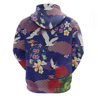 Hawaiian and Japanese Culture Together Zip Hoodie Blue Ohia Lehua Plumeria and Sakura Blooming - Polynesian Pride