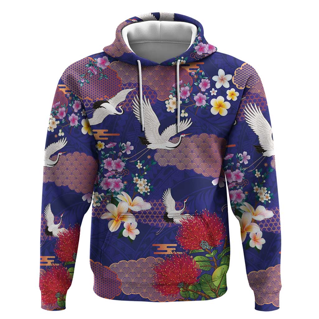 Hawaiian and Japanese Culture Together Zip Hoodie Blue Ohia Lehua Plumeria and Sakura Blooming - Polynesian Pride