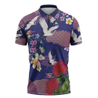 Hawaiian and Japanese Culture Together Zipper Polo Shirt Blue Ohia Lehua Plumeria and Sakura Blooming - Polynesian Pride