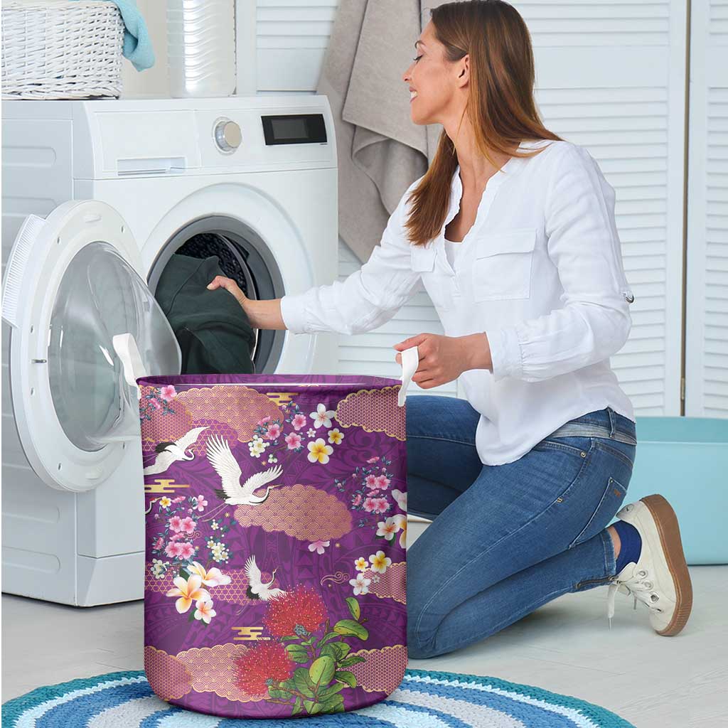 Hawaiian and Japanese Culture Together Laundry Basket Purple Ohia Lehua Plumeria and Sakura Blooming - Polynesian Pride