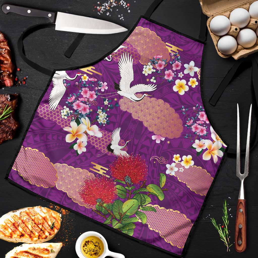 Hawaiian and Japanese Culture Together Apron Purple Ohia Lehua Plumeria and Sakura Blooming - Polynesian Pride