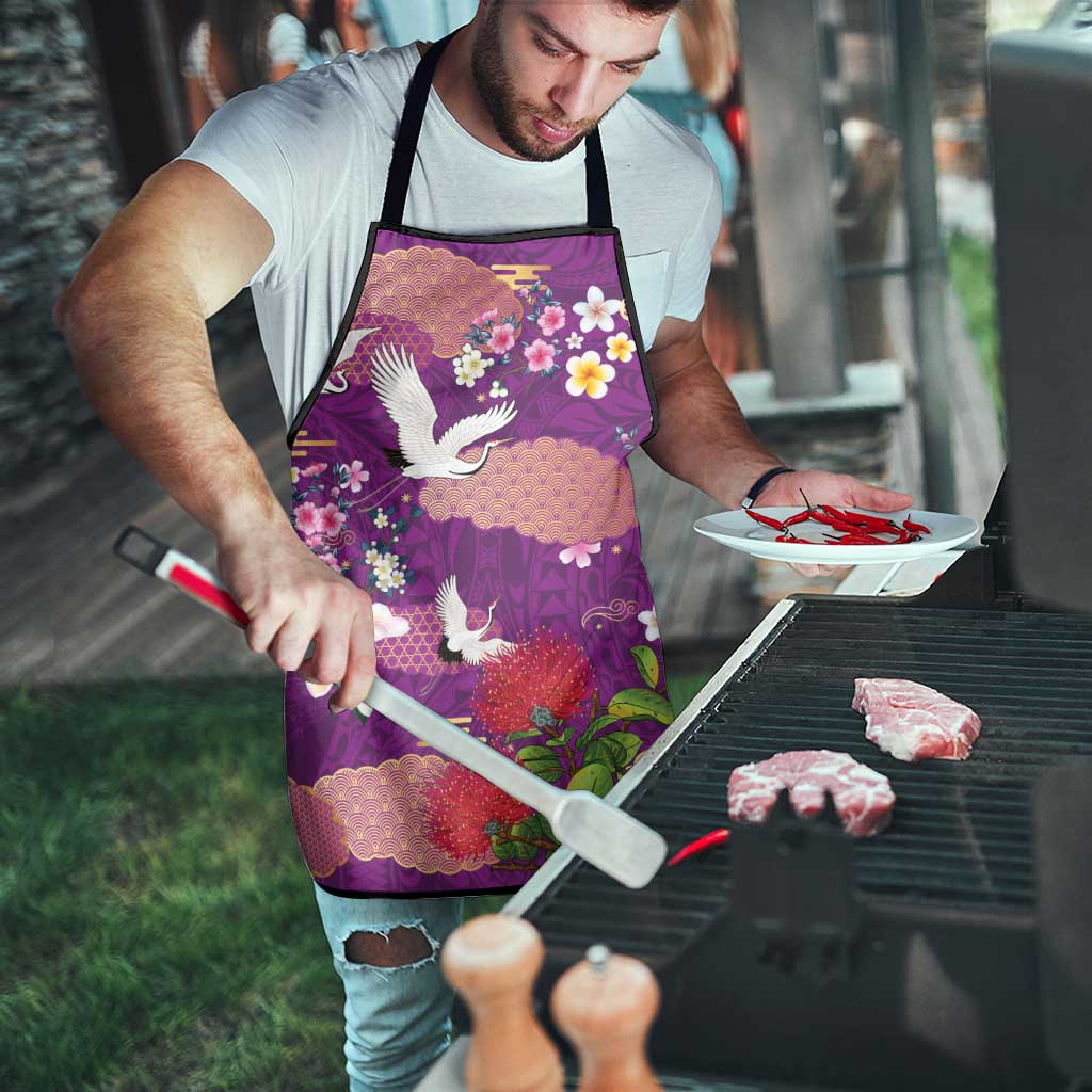 Hawaiian and Japanese Culture Together Apron Purple Ohia Lehua Plumeria and Sakura Blooming - Polynesian Pride