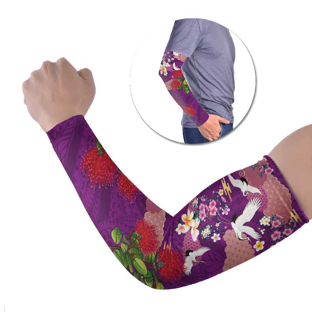 Hawaiian and Japanese Culture Together Arm Sleeves Purple Ohia Lehua Plumeria and Sakura Blooming - Polynesian Pride