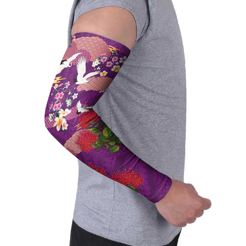 Hawaiian and Japanese Culture Together Arm Sleeves Purple Ohia Lehua Plumeria and Sakura Blooming - Polynesian Pride