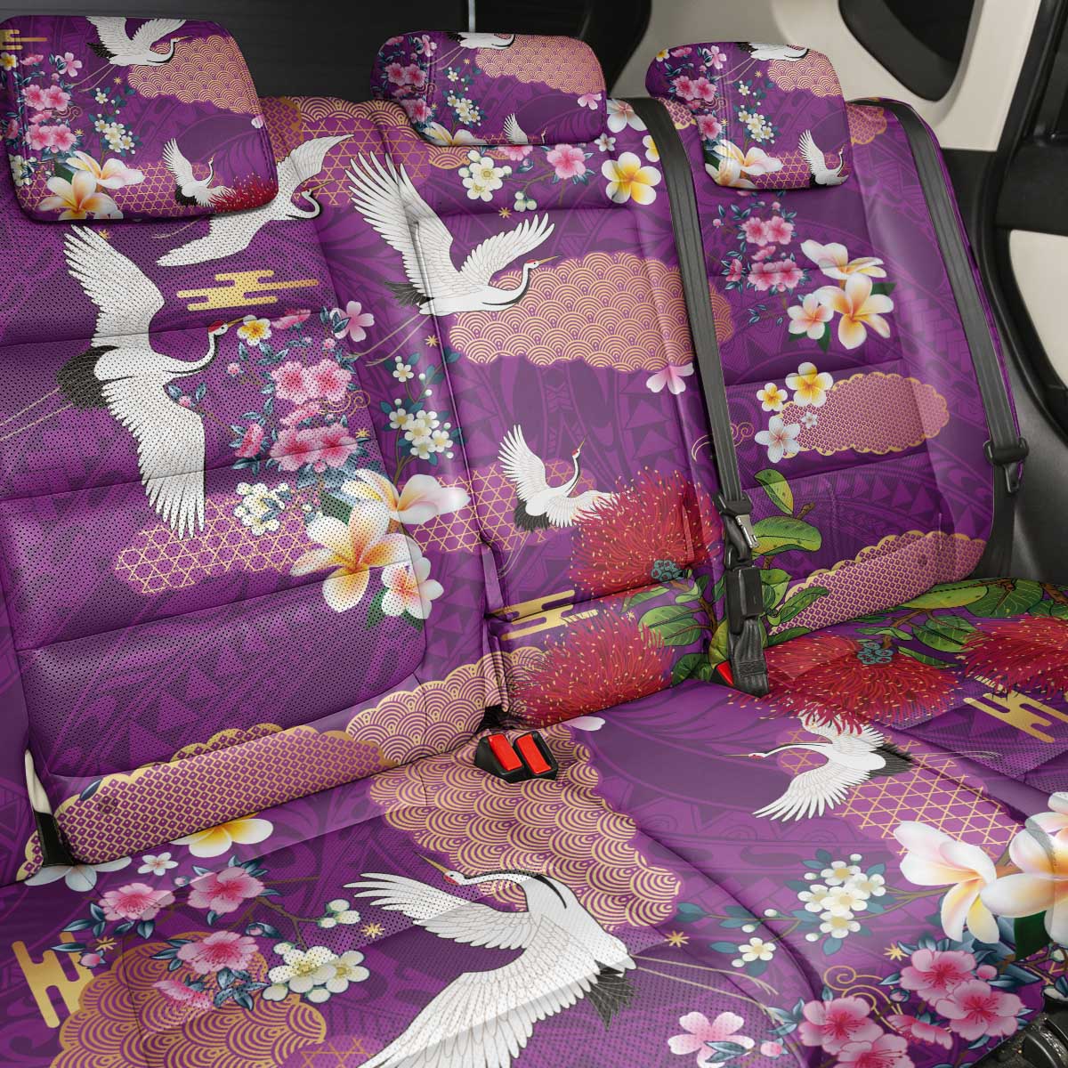 Hawaiian and Japanese Culture Together Back Car Seat Cover Purple Ohia Lehua Plumeria and Sakura Blooming - Polynesian Pride