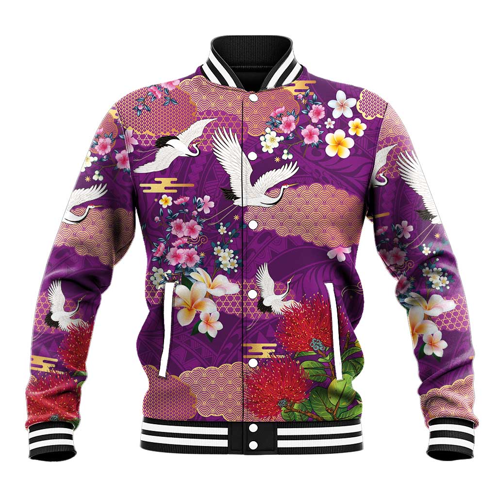 Hawaiian and Japanese Culture Together Baseball Jacket Purple Ohia Lehua Plumeria and Sakura Blooming - Polynesian Pride