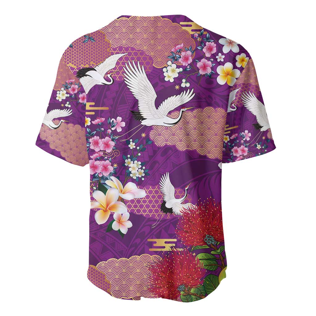 Hawaiian and Japanese Culture Together Baseball Jersey Purple Ohia Lehua Plumeria and Sakura Blooming - Polynesian Pride