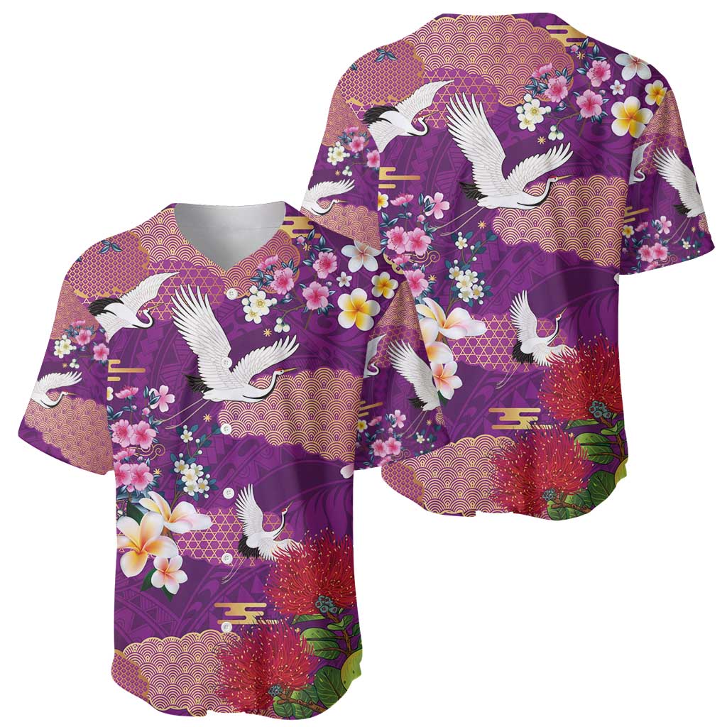 Hawaiian and Japanese Culture Together Baseball Jersey Purple Ohia Lehua Plumeria and Sakura Blooming - Polynesian Pride