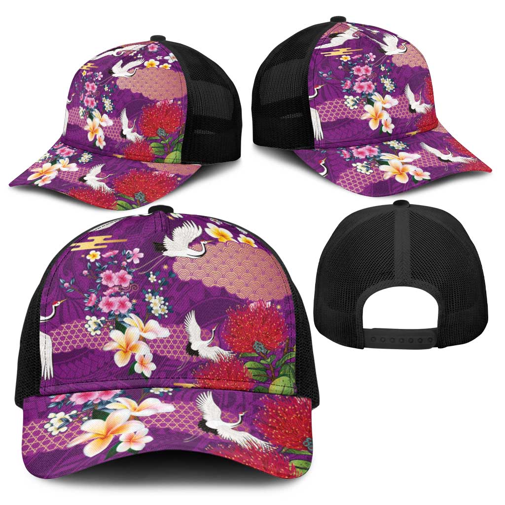 Hawaiian and Japanese Culture Together Baseball Net Cap Purple Ohia Lehua Plumeria and Sakura Blooming - Polynesian Pride