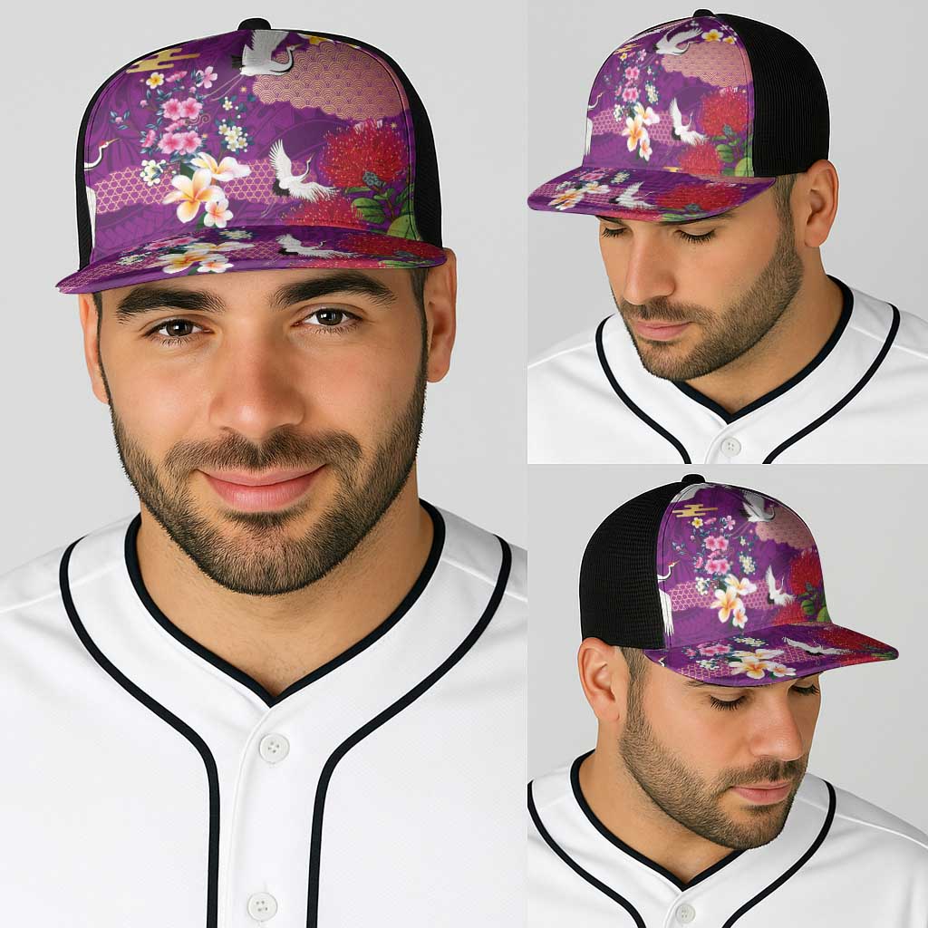 Hawaiian and Japanese Culture Together Baseball Net Cap Purple Ohia Lehua Plumeria and Sakura Blooming - Polynesian Pride