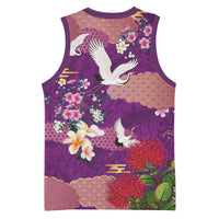 Hawaiian and Japanese Culture Together Basketball Jersey Purple Ohia Lehua Plumeria and Sakura Blooming - Polynesian Pride