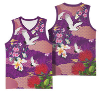 Hawaiian and Japanese Culture Together Basketball Jersey Purple Ohia Lehua Plumeria and Sakura Blooming - Polynesian Pride