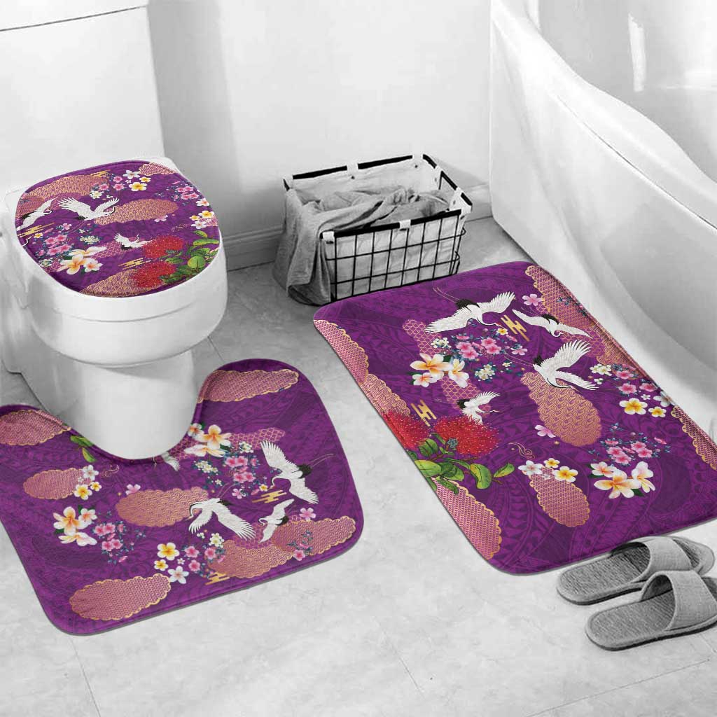 Hawaiian and Japanese Culture Together Bathroom Set Purple Ohia Lehua Plumeria and Sakura Blooming - Polynesian Pride