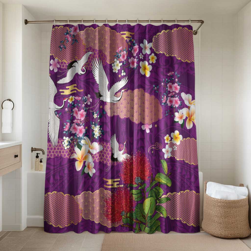 Hawaiian and Japanese Culture Together Bathroom Set Purple Ohia Lehua Plumeria and Sakura Blooming - Polynesian Pride