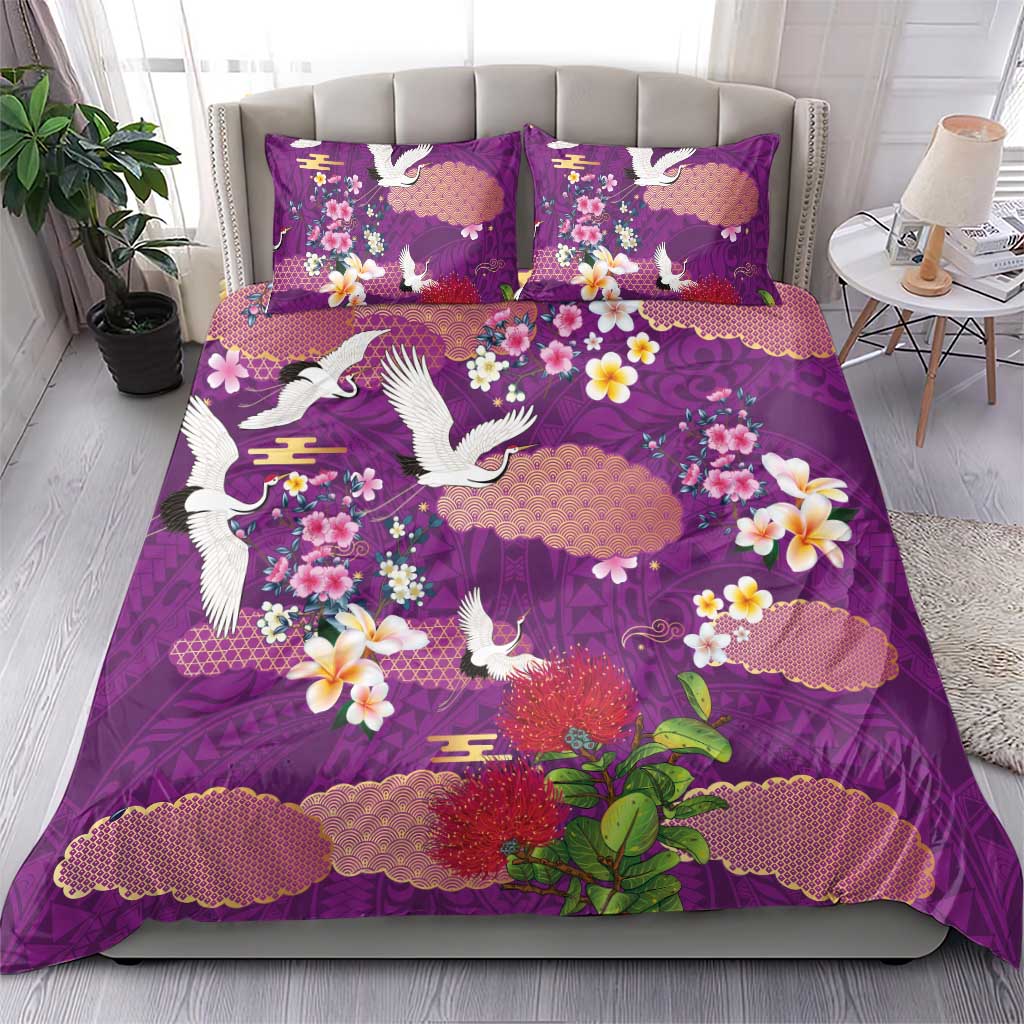 Hawaiian and Japanese Culture Together Bedding Set Purple Ohia Lehua Plumeria and Sakura Blooming - Polynesian Pride