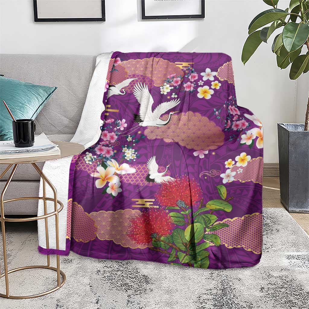 Hawaiian and Japanese Culture Together Blanket Purple Ohia Lehua Plumeria and Sakura Blooming - Polynesian Pride