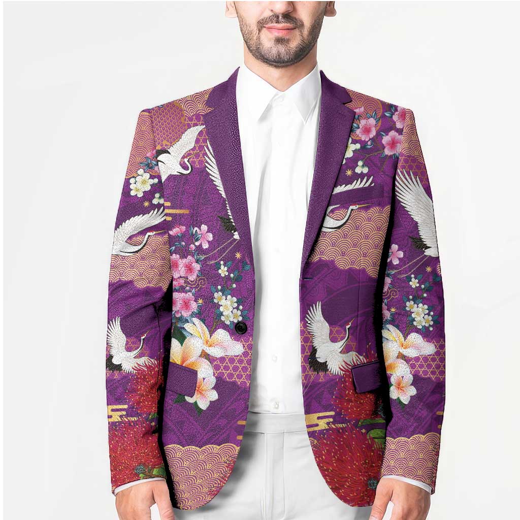 Hawaiian and Japanese Culture Together Blazer Purple Ohia Lehua Plumeria and Sakura Blooming - Polynesian Pride