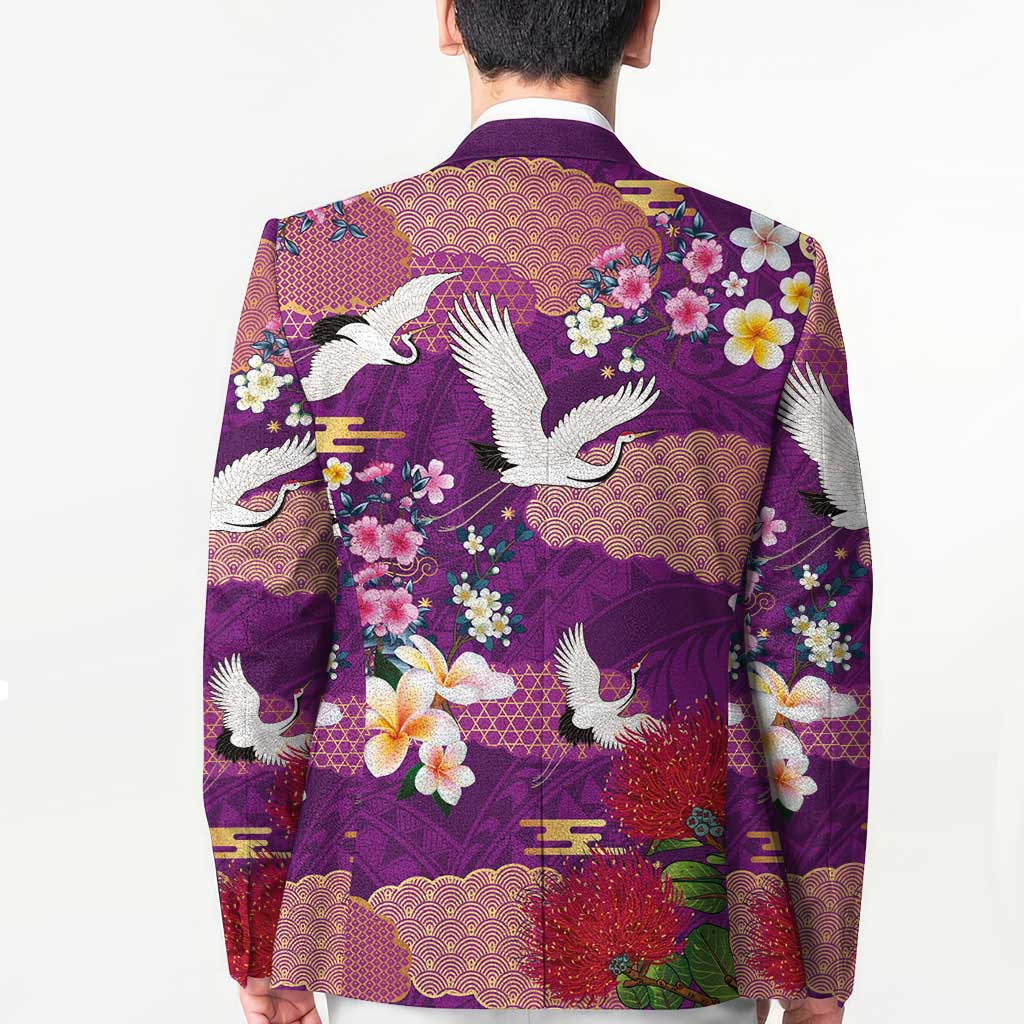 Hawaiian and Japanese Culture Together Blazer Purple Ohia Lehua Plumeria and Sakura Blooming - Polynesian Pride