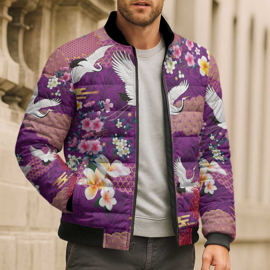 Hawaiian and Japanese Culture Together Bomber Puffer Jacket Purple Ohia Lehua Plumeria and Sakura Blooming - Polynesian Pride
