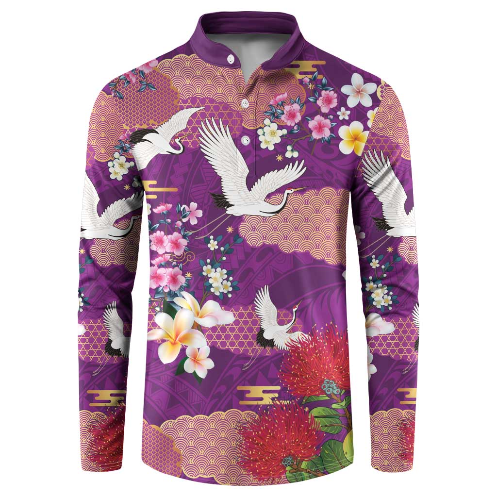 Hawaiian and Japanese Culture Together Button Sweatshirt Purple Ohia Lehua Plumeria and Sakura Blooming - Polynesian Pride