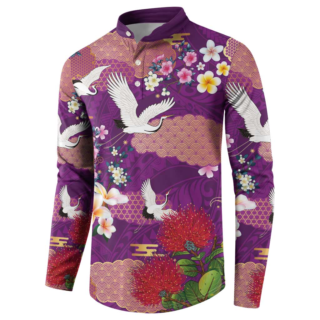 Hawaiian and Japanese Culture Together Button Sweatshirt Purple Ohia Lehua Plumeria and Sakura Blooming - Polynesian Pride