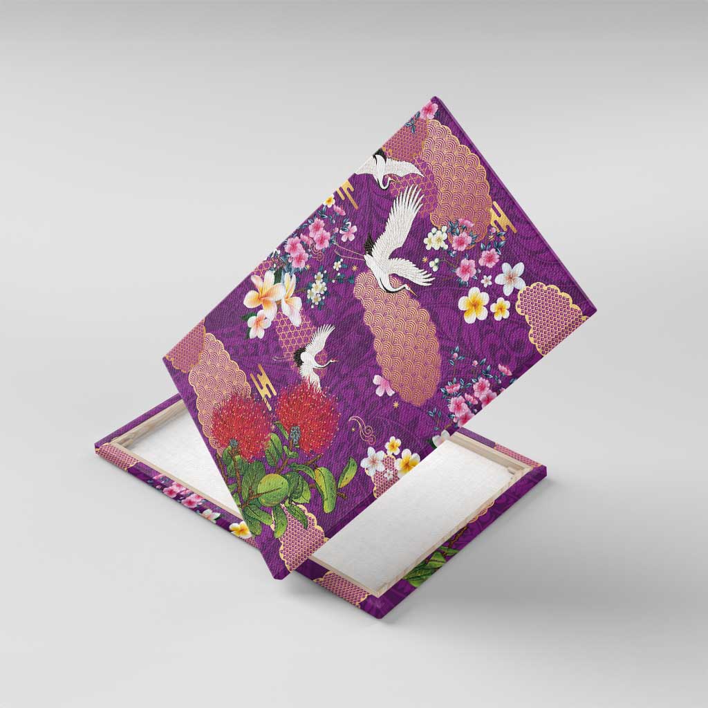 Hawaiian and Japanese Culture Together Canvas Wall Art Purple Ohia Lehua Plumeria and Sakura Blooming - Polynesian Pride