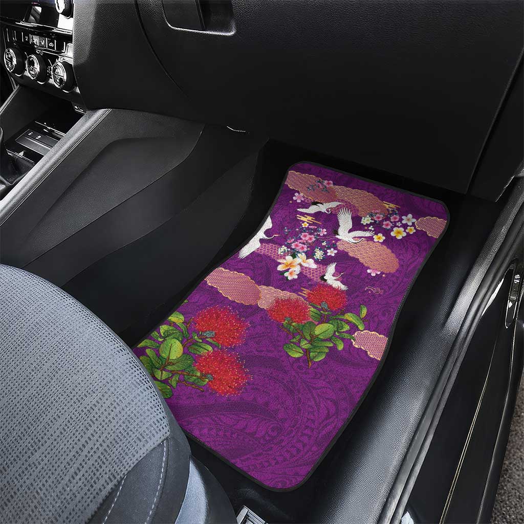 Hawaiian and Japanese Culture Together Car Mats Purple Ohia Lehua Plumeria and Sakura Blooming - Polynesian Pride