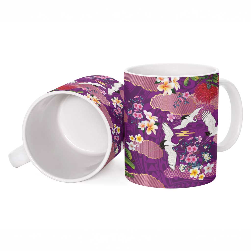 Hawaiian and Japanese Culture Together Ceramic Mug Purple Ohia Lehua Plumeria and Sakura Blooming - Polynesian Pride