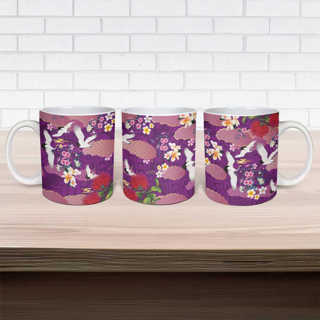 Hawaiian and Japanese Culture Together Ceramic Mug Purple Ohia Lehua Plumeria and Sakura Blooming - Polynesian Pride