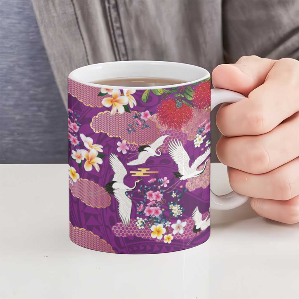 Hawaiian and Japanese Culture Together Ceramic Mug Purple Ohia Lehua Plumeria and Sakura Blooming - Polynesian Pride