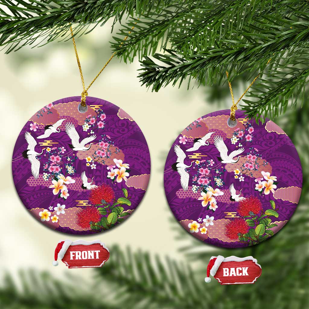 Hawaiian and Japanese Culture Together Ceramic Ornament Purple Ohia Lehua Plumeria and Sakura Blooming - Polynesian Pride