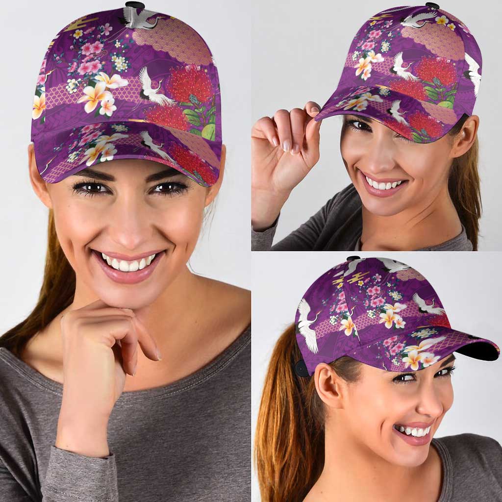 Hawaiian and Japanese Culture Together Classic Cap Purple Ohia Lehua Plumeria and Sakura Blooming - Polynesian Pride