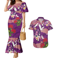 Hawaiian and Japanese Culture Together Couples Matching Mermaid Dress and Hawaiian Shirt Purple Ohia Lehua Plumeria and Sakura Blooming - Polynesian Pride