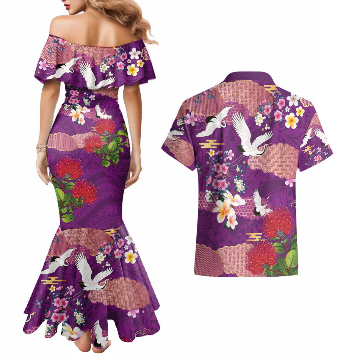 Hawaiian and Japanese Culture Together Couples Matching Mermaid Dress and Hawaiian Shirt Purple Ohia Lehua Plumeria and Sakura Blooming - Polynesian Pride