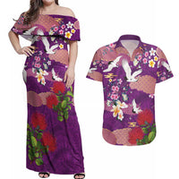 Hawaiian and Japanese Culture Together Couples Matching Off Shoulder Maxi Dress and Hawaiian Shirt Purple Ohia Lehua Plumeria and Sakura Blooming - Polynesian Pride