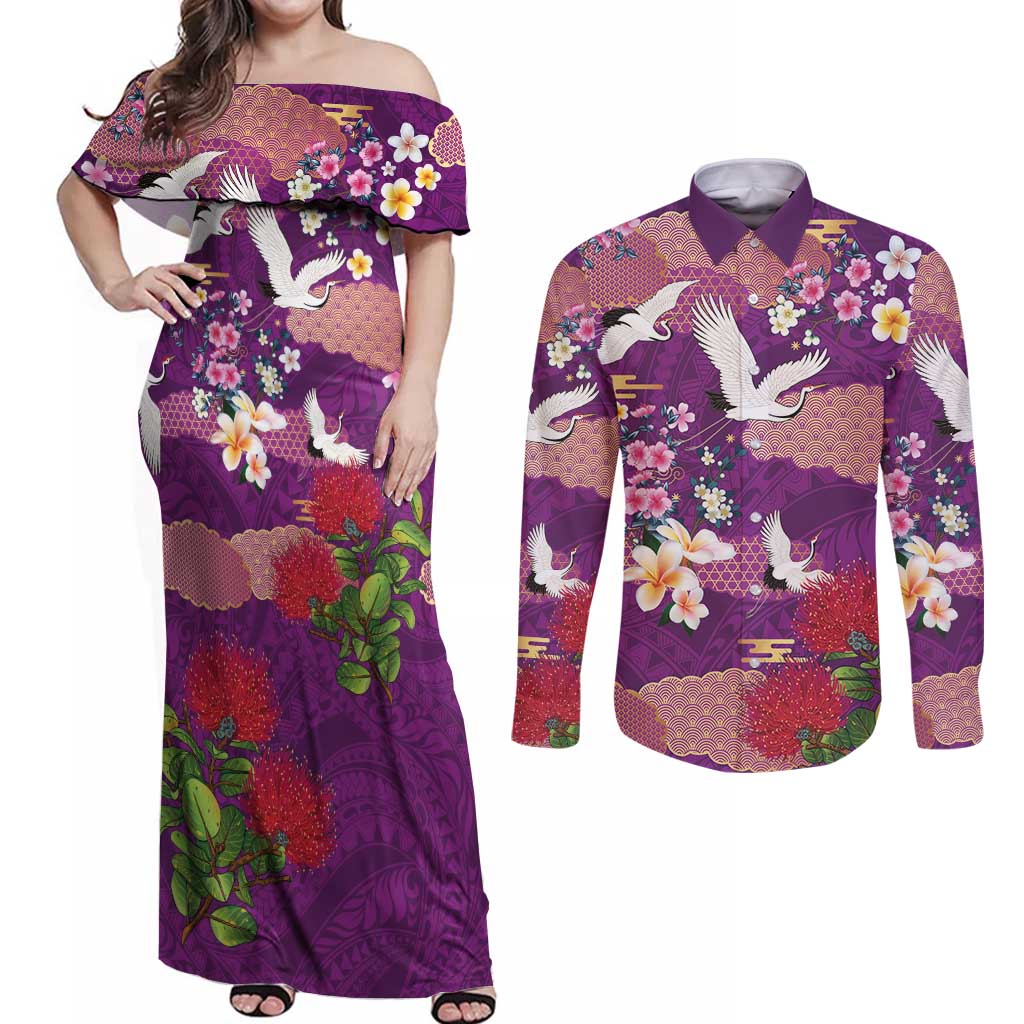 Hawaiian and Japanese Culture Together Couples Matching Off Shoulder Maxi Dress and Long Sleeve Button Shirt Purple Ohia Lehua Plumeria and Sakura Blooming - Polynesian Pride