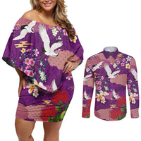 Hawaiian and Japanese Culture Together Couples Matching Off Shoulder Short Dress and Long Sleeve Button Shirt Purple Ohia Lehua Plumeria and Sakura Blooming - Polynesian Pride