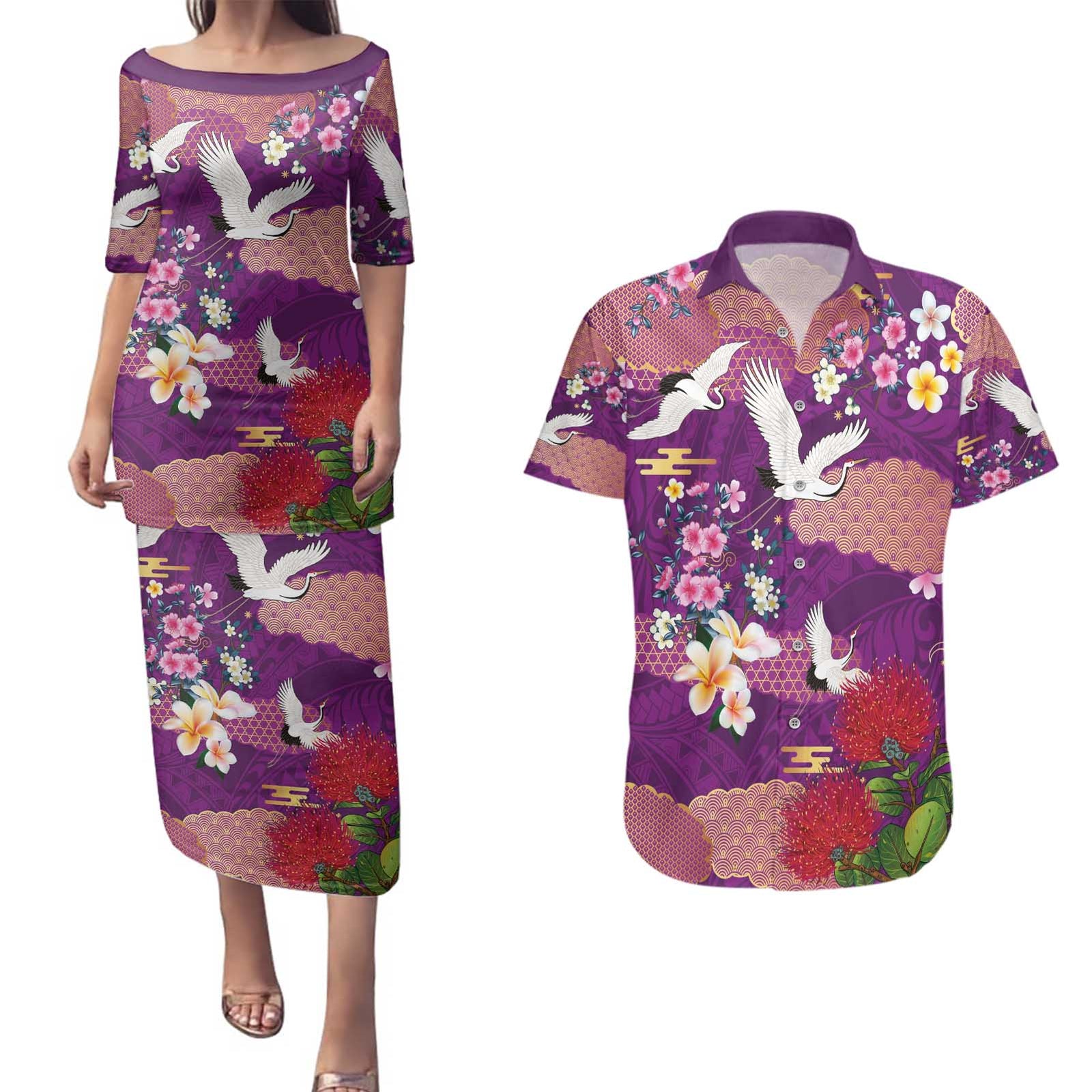 Hawaiian and Japanese Culture Together Couples Matching Puletasi and Hawaiian Shirt Purple Ohia Lehua Plumeria and Sakura Blooming - Polynesian Pride
